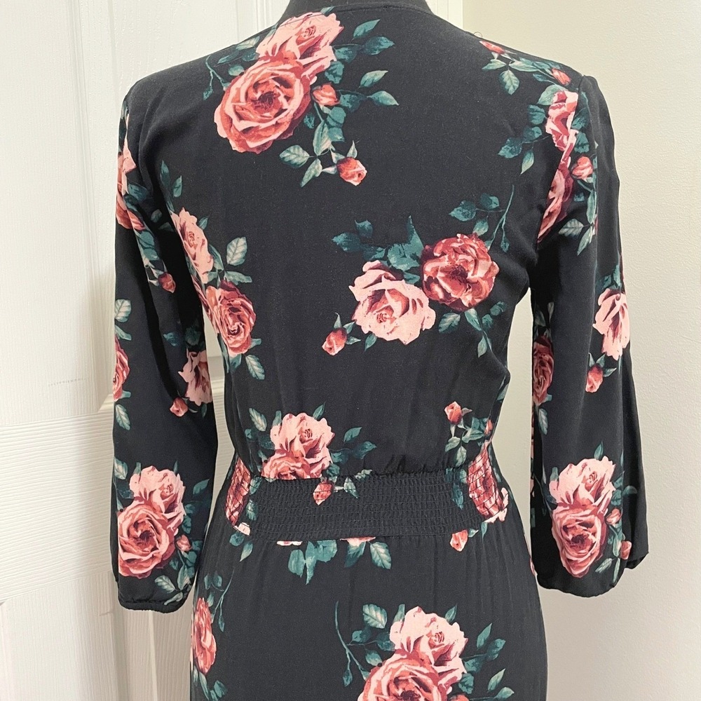 Forever 21 Black Floral Rose Print V-Neck Smocked Waist Maxi Dress S Cottagecore - Picture 8 of 14